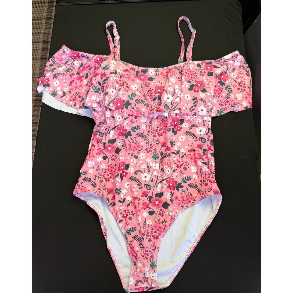 Pink Floral Ruffle One Piece Swimsuit XL‎ Cold Shoulder Swimwear Resort Beach